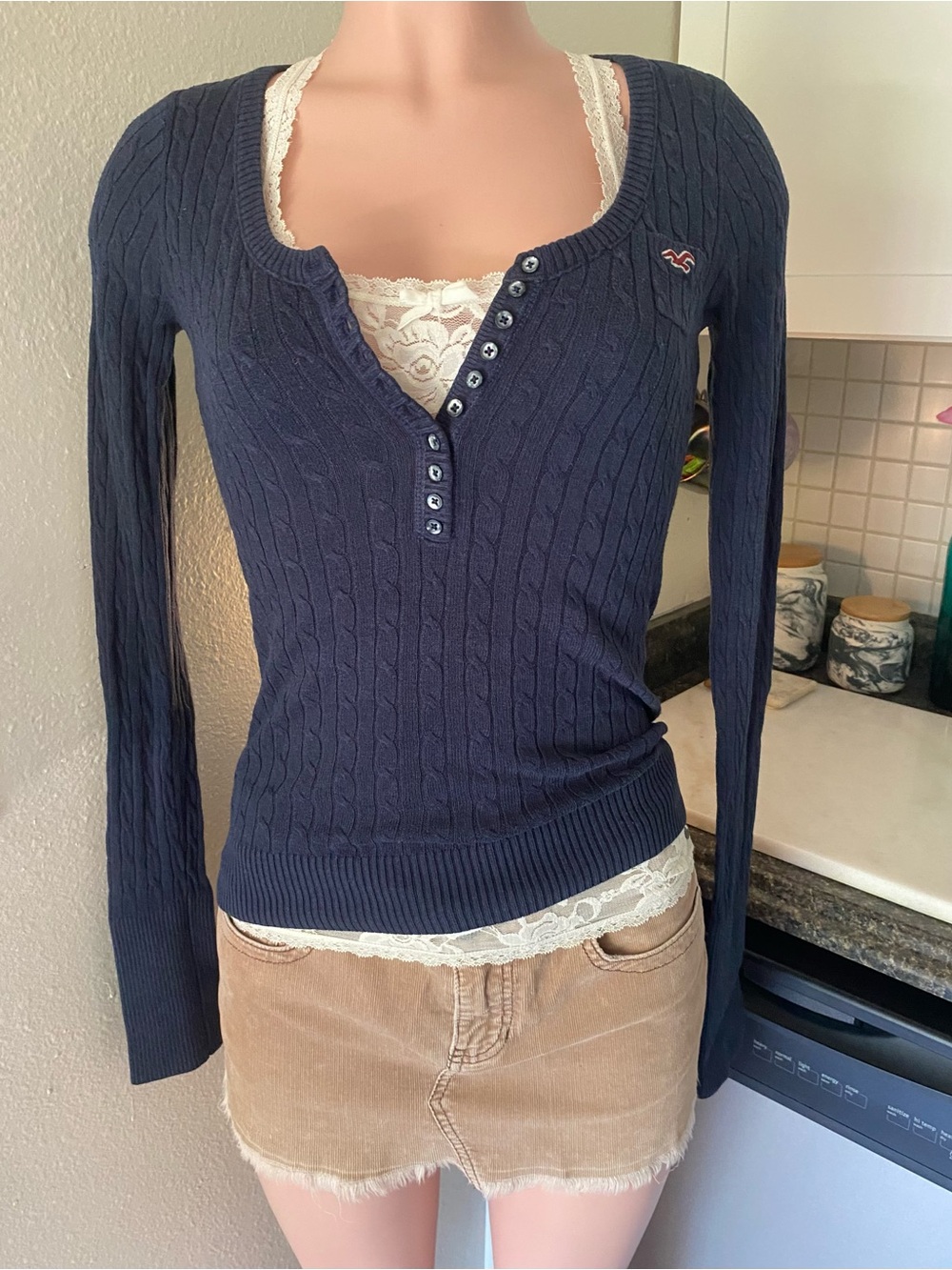 Vintage y2k Hollister ribbed blue button up rabbit hair Henley sweater